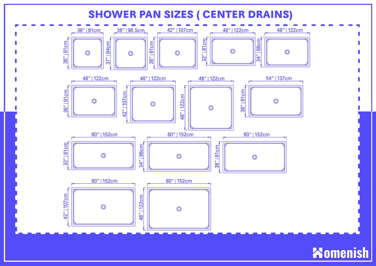 Shower Pan Sizes (Center Drains)