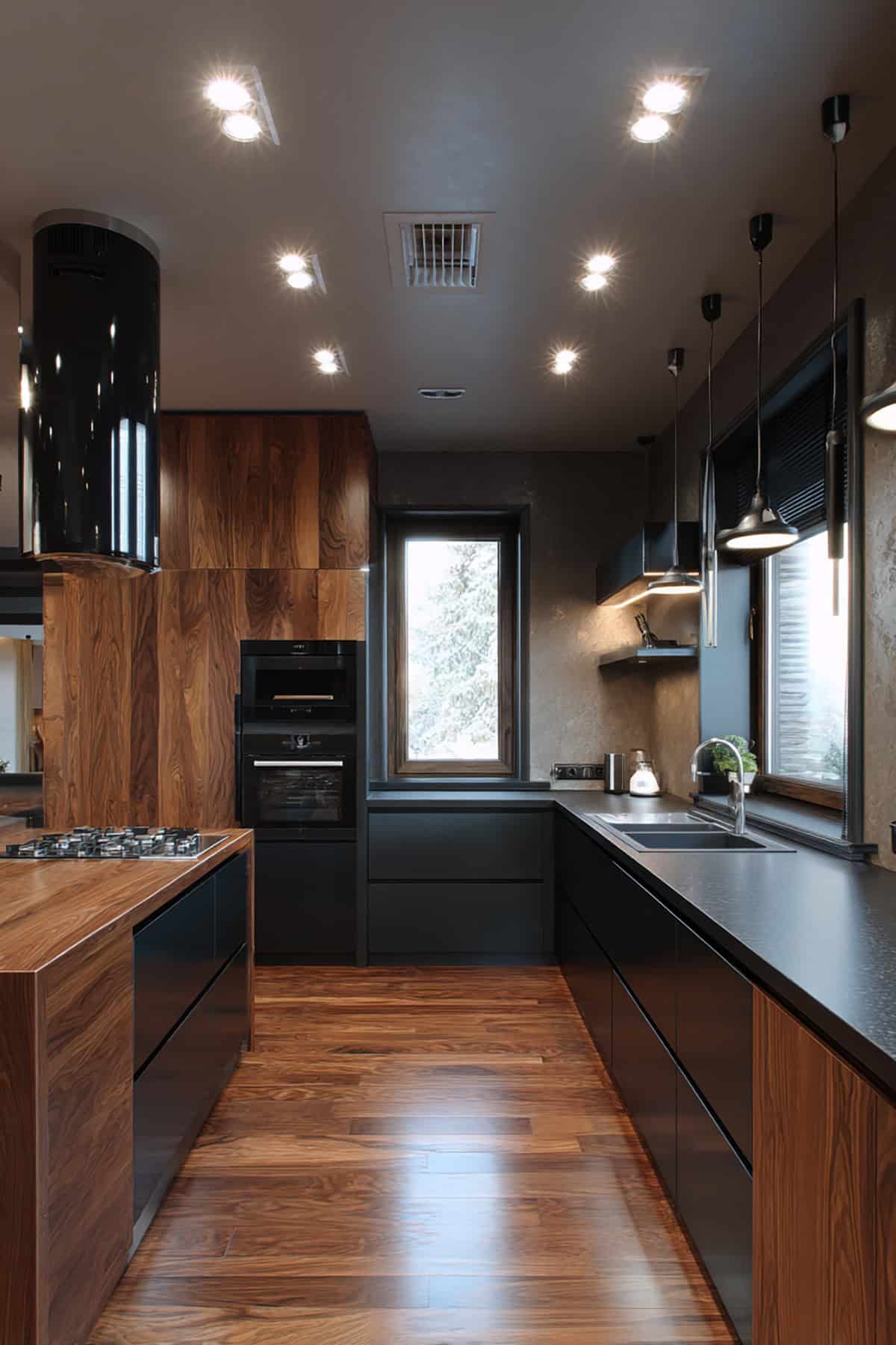 Black and Wood Contrast L Shaped Kitchen With Dramatic Lighting