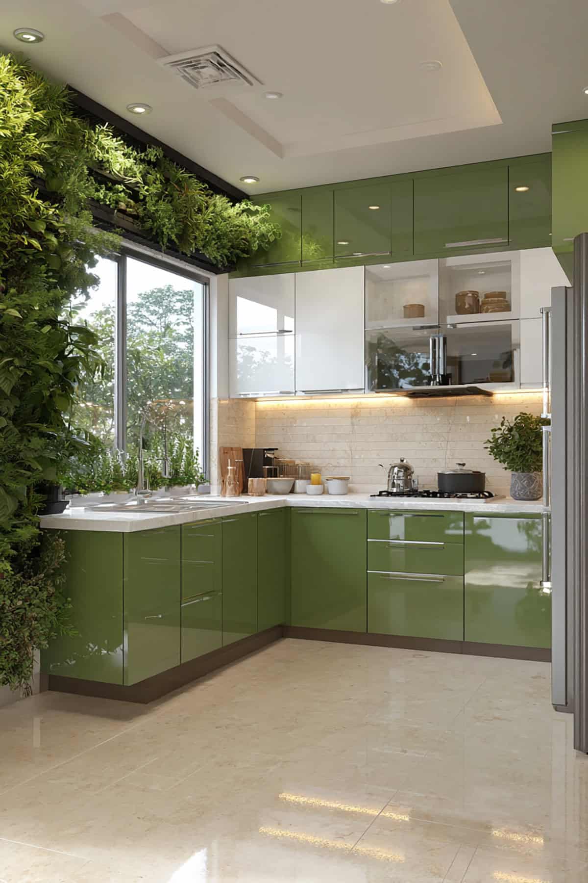 L Shaped Kitchen With Indoor Herb Garden Wall