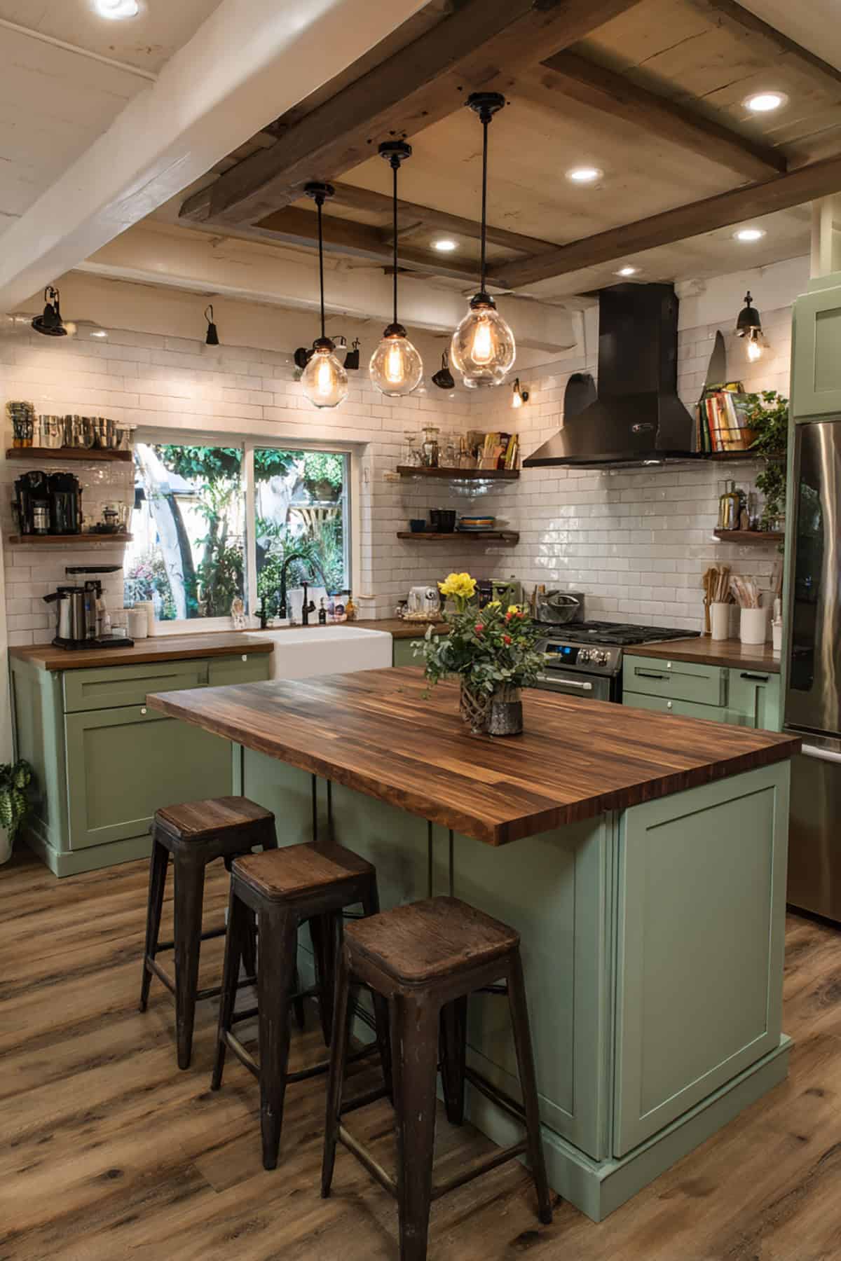 Modern Farmhouse L Shaped Kitchen With Apron Sink and Butcher Block Island