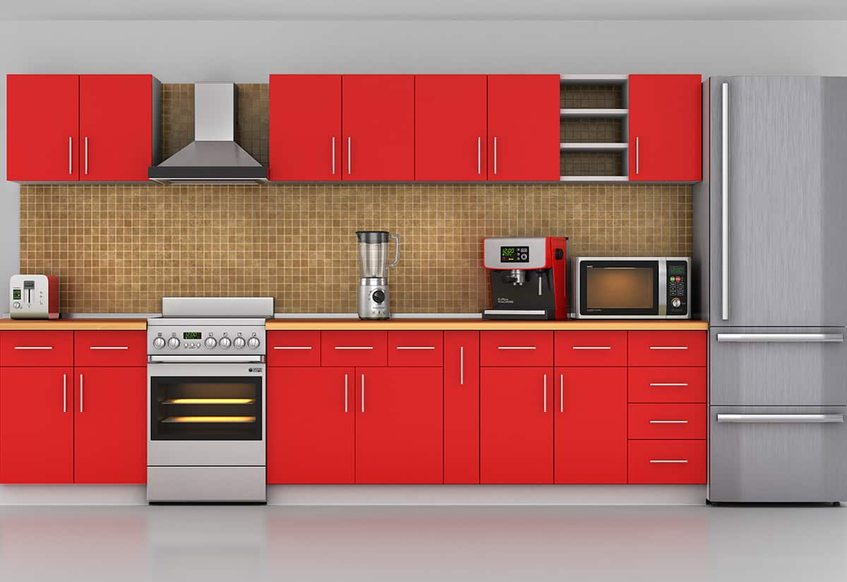 Red Cabinets with Brown Backsplash