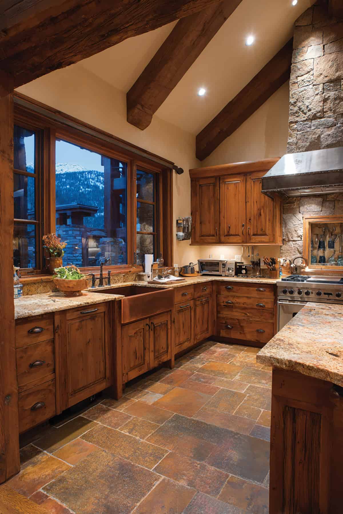 Rustic Mountain Lodge L Shaped Kitchen With Stone Accents