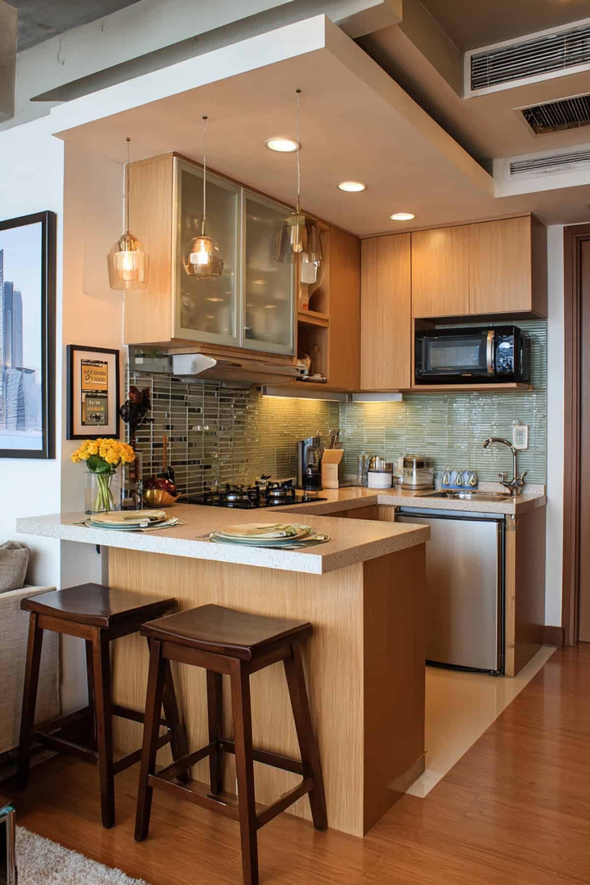 Small Studio Apartment L Shaped Kitchen With Breakfast Bar
