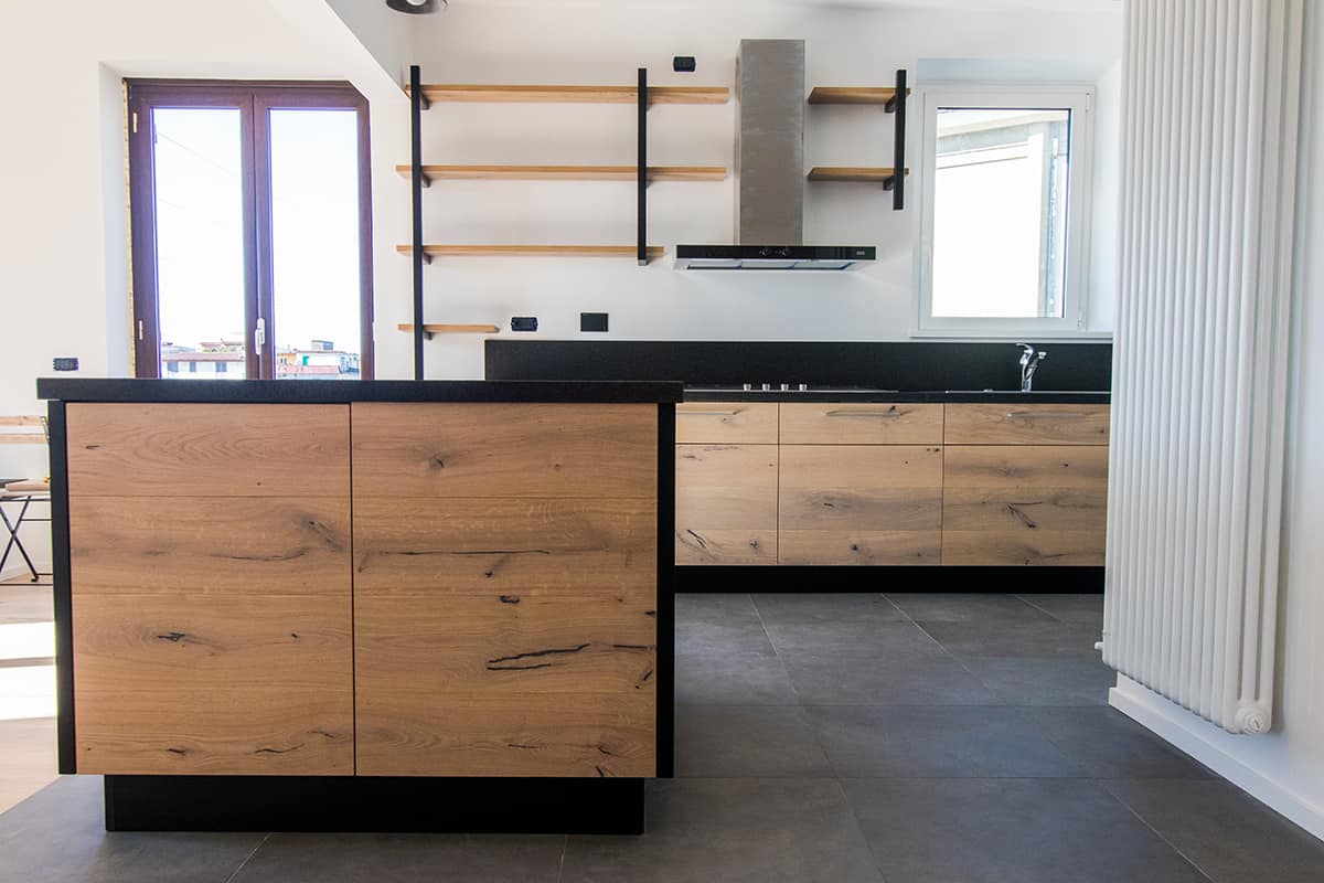 Gray Floors and Oak Cabinets