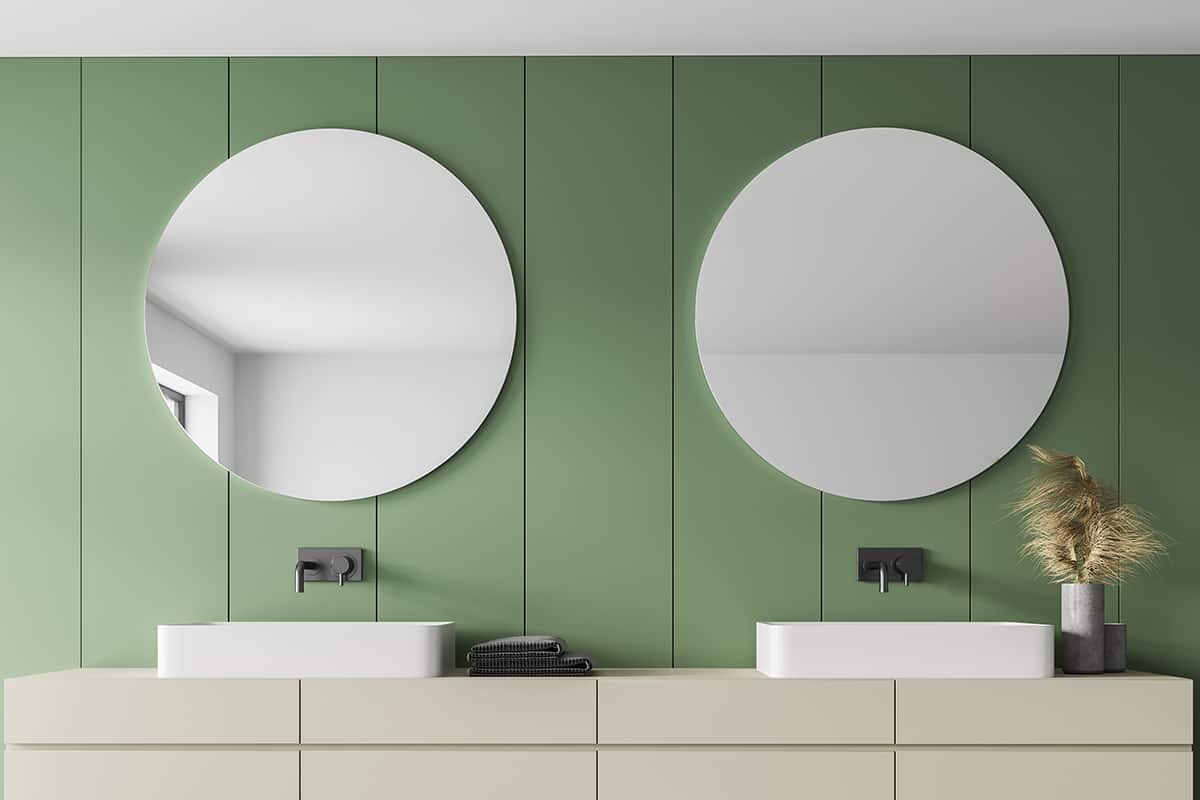 Light Green Walls and Light Gray Bathroom Cabinets
