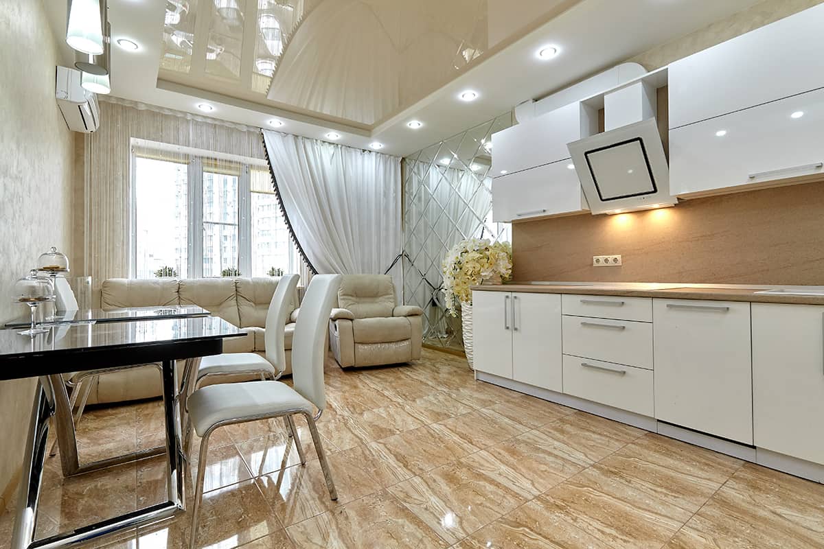 Patterned Floors and White Cabinets