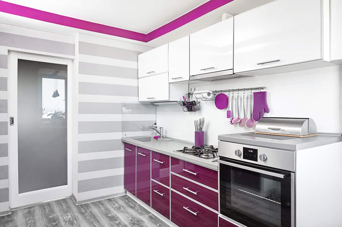 Purple Kitchen Cabinets and Gray Floors