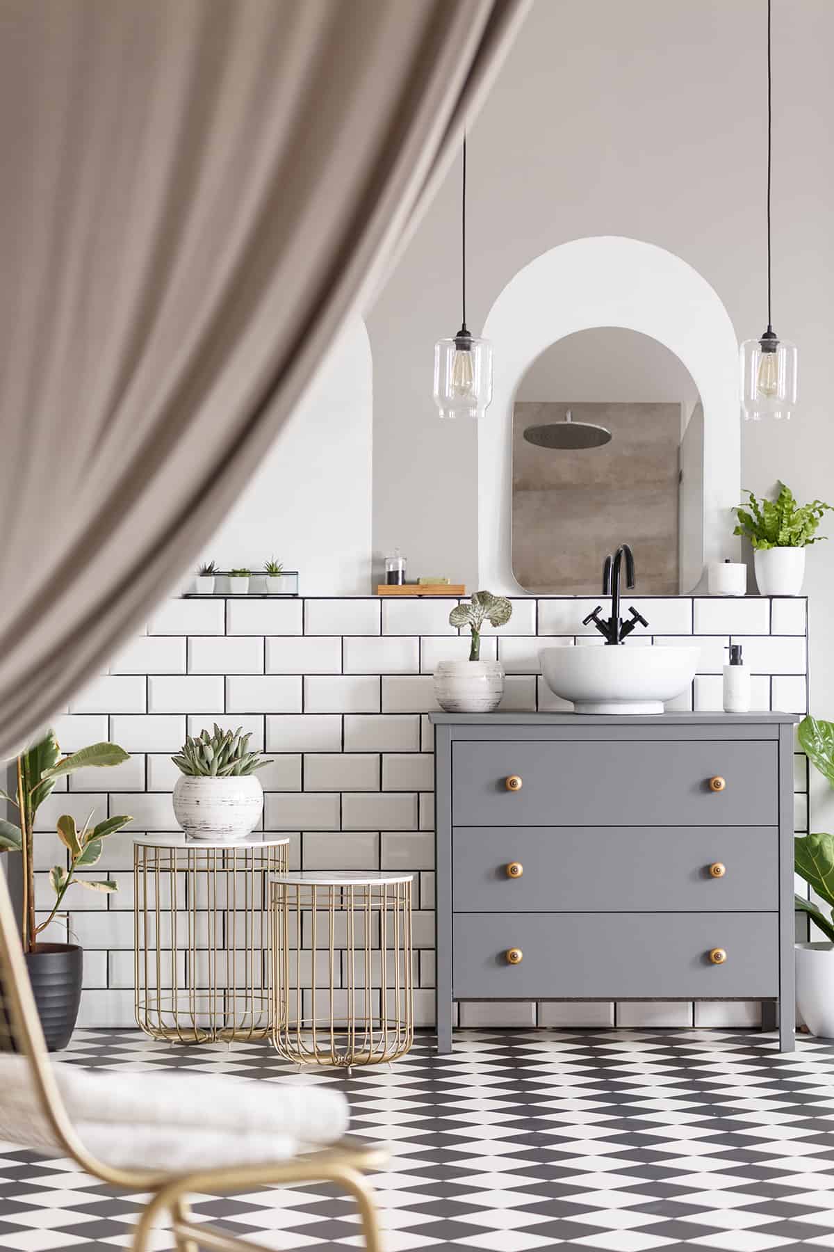 White Walls and Light Gray Bathroom Cabinets