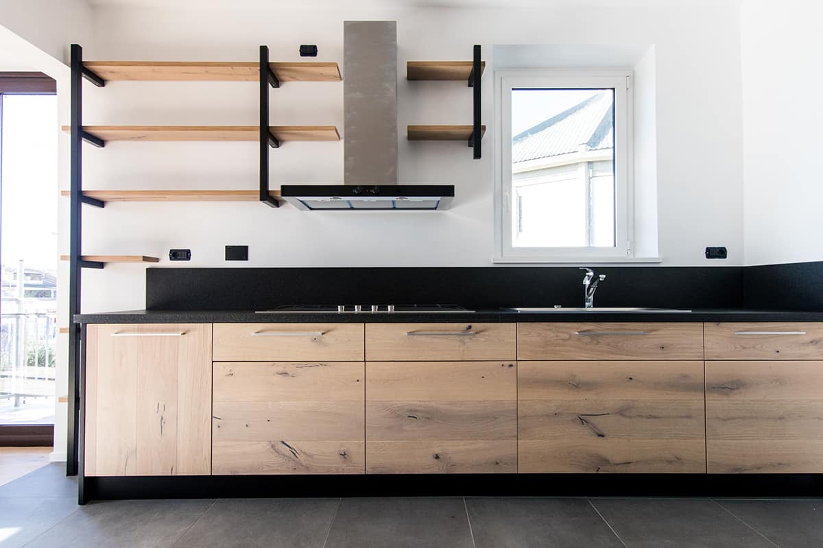 Wood Kitchen Cabinets and Gray Floors