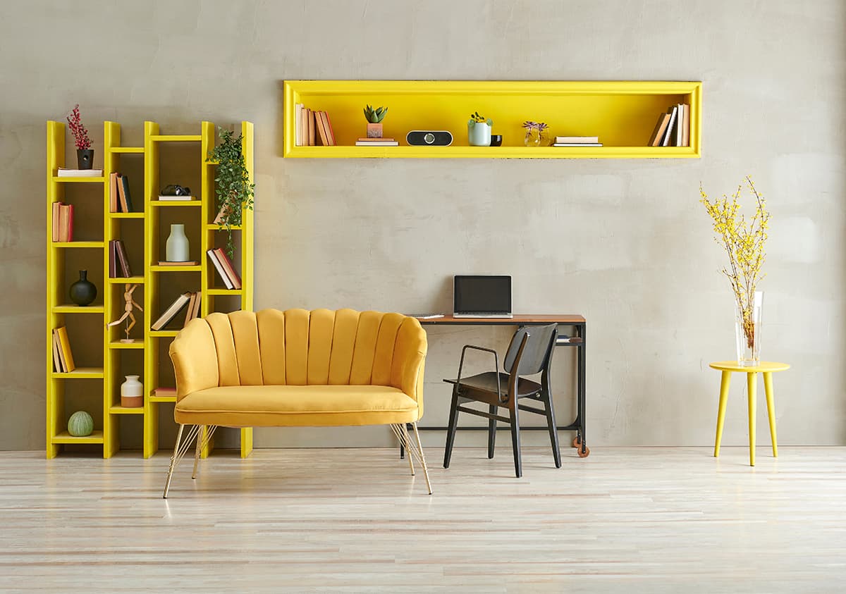 Yellow Couch and Grey Walls