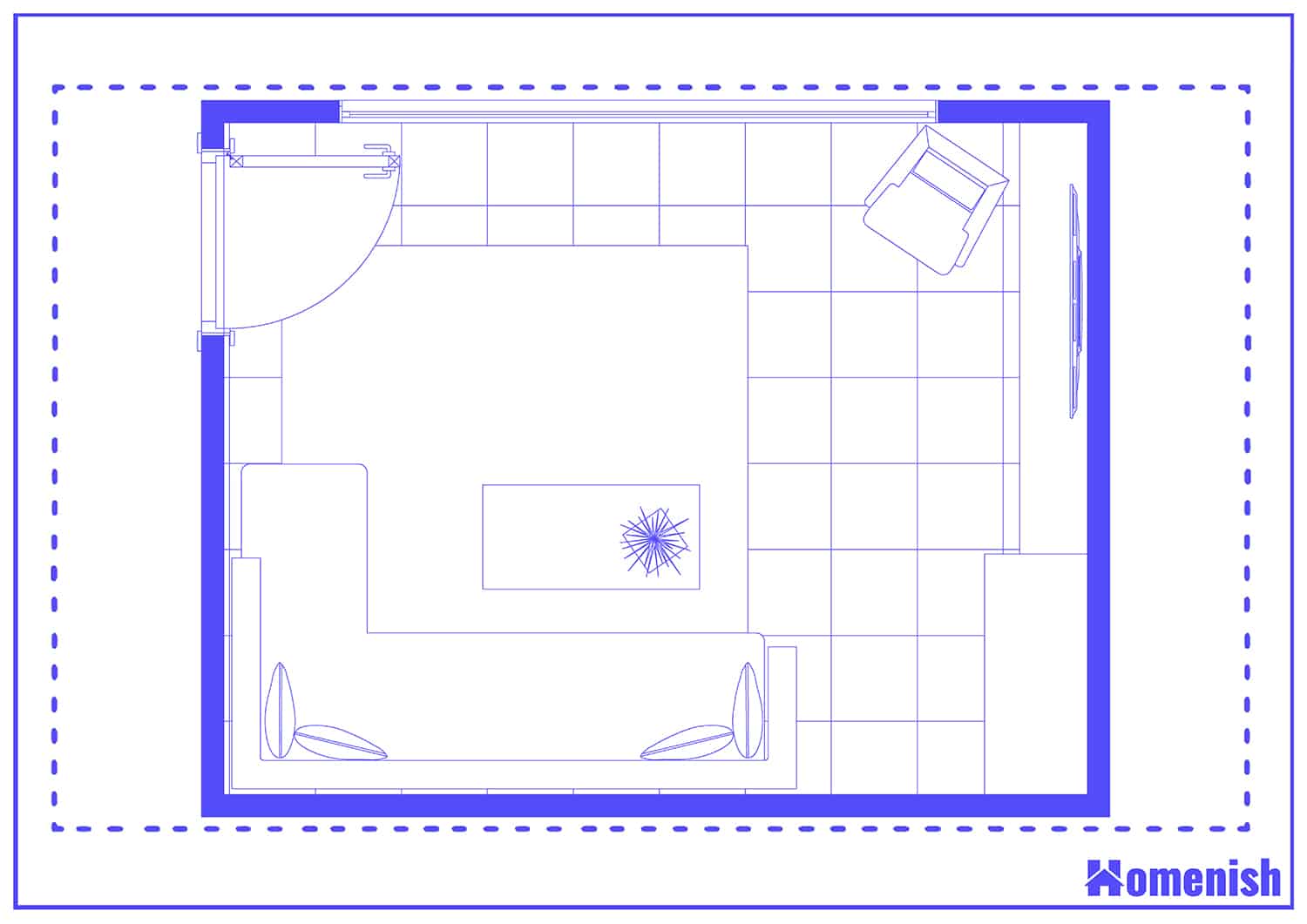 L-shaped Sofa in Entertainment Living Room Floor Plan