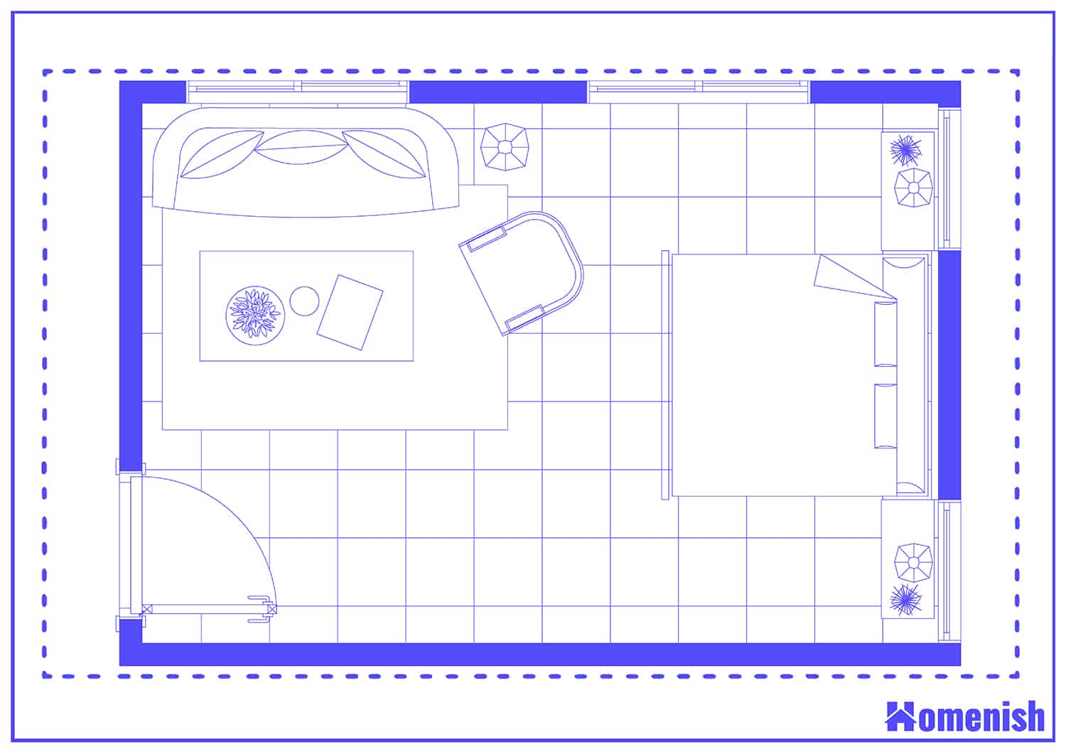 Long and Narrow Bedroom with Couch Floor Plan