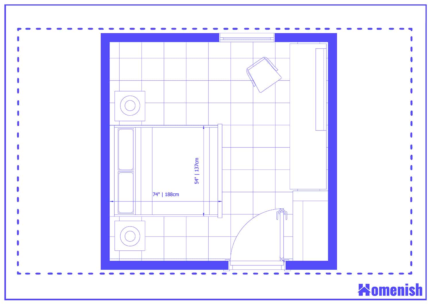 Modern Gray Bedroom with Fitted Desk Floor Plan