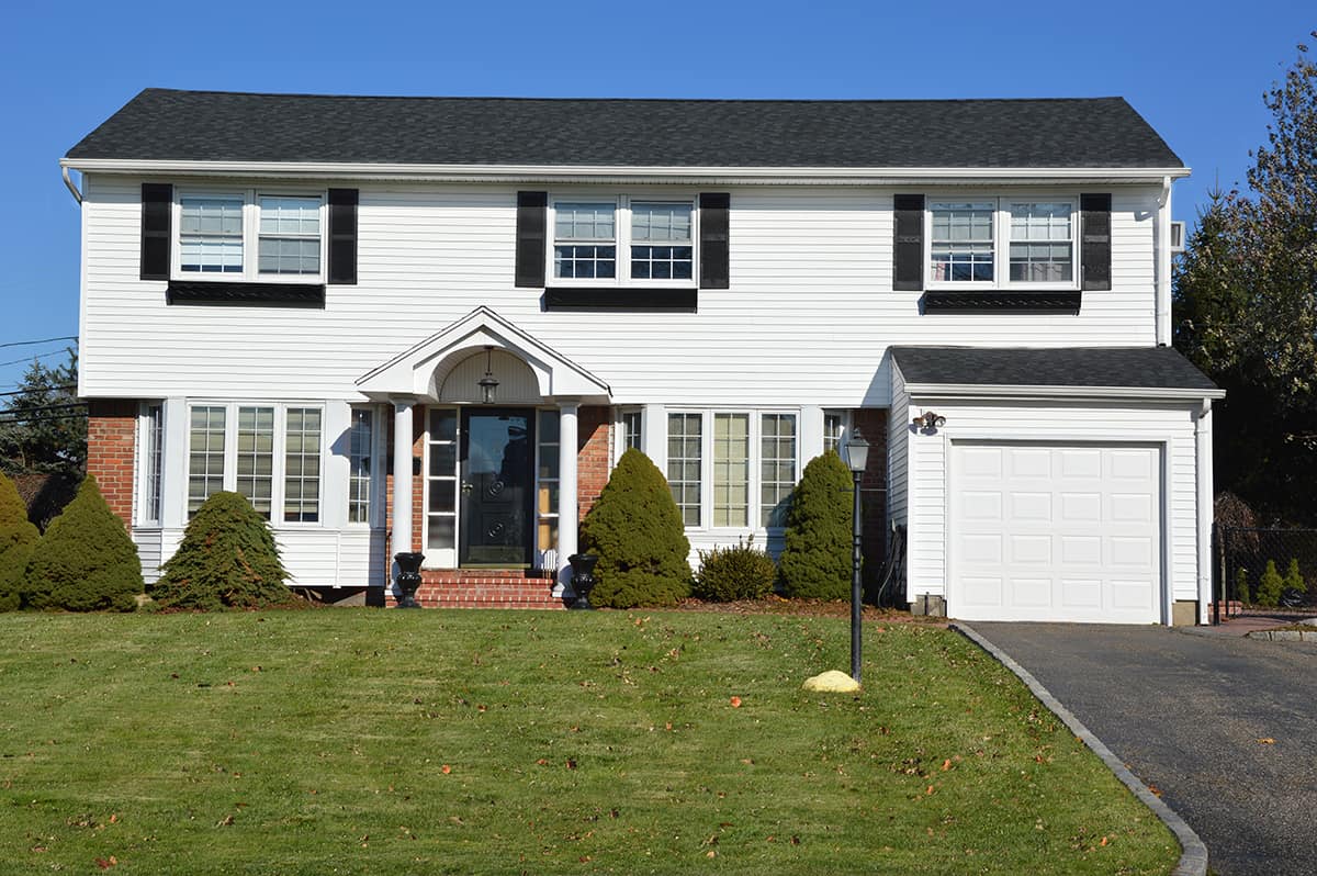 White House with Black Trim and White Garage Door