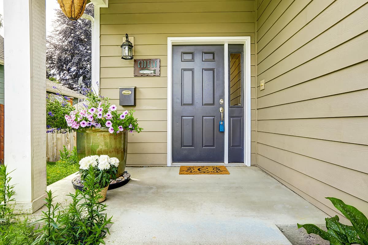 Black Front Door for a Green House with Brown Trim