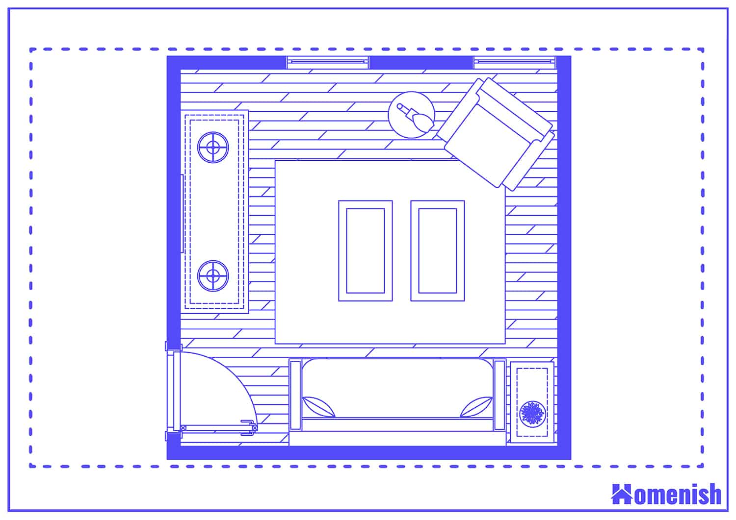 Cozy Square Living Room Layout and Floor Plan