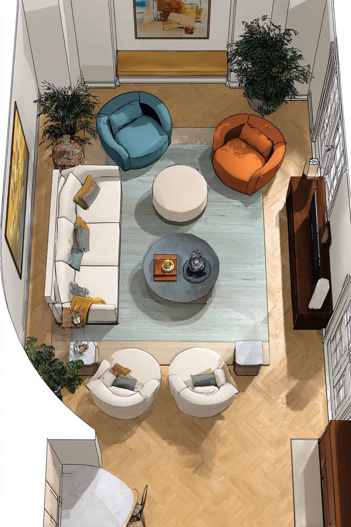 Curved Furniture Layout to Soften the Length