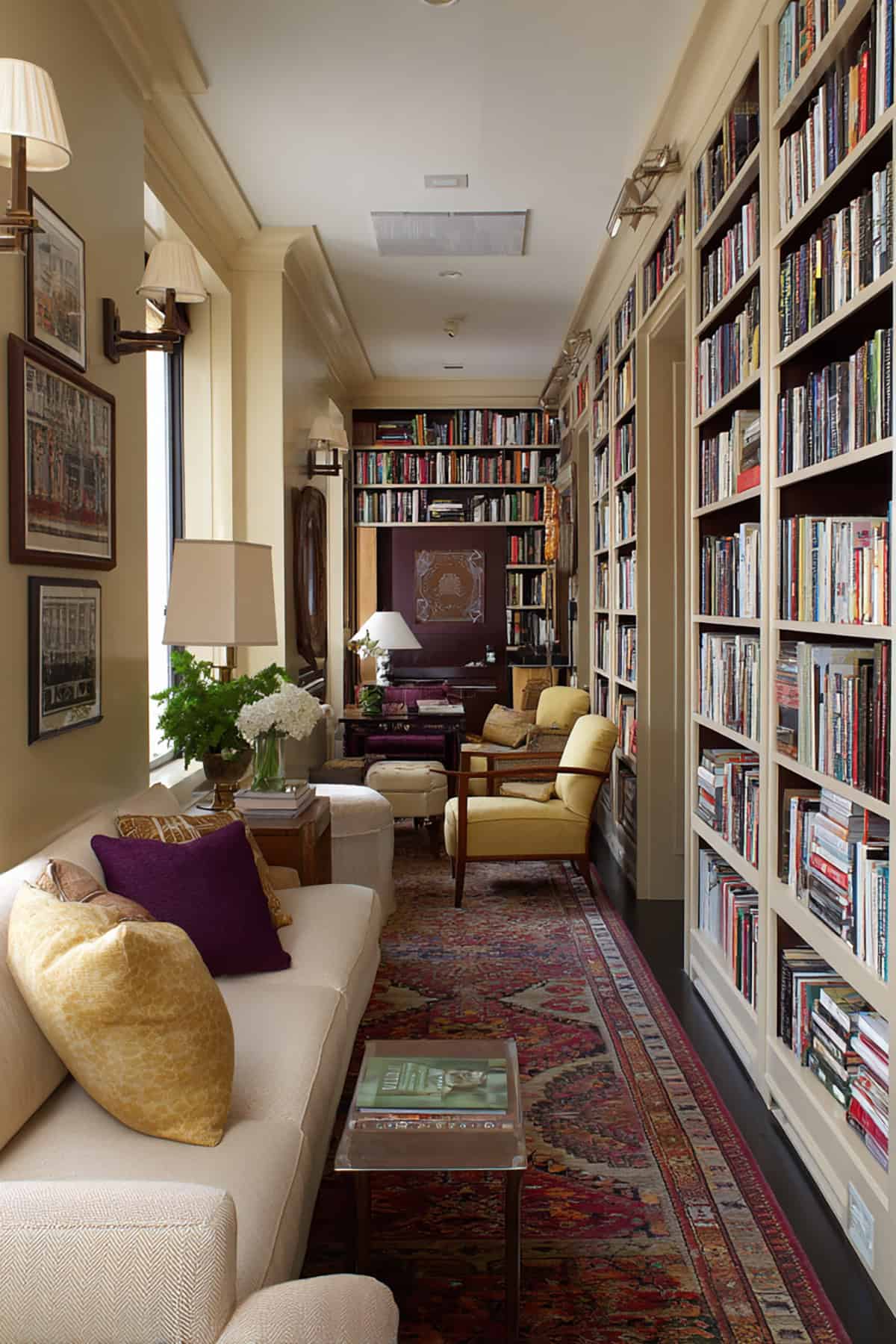 Library Living Room With Tall Shelves