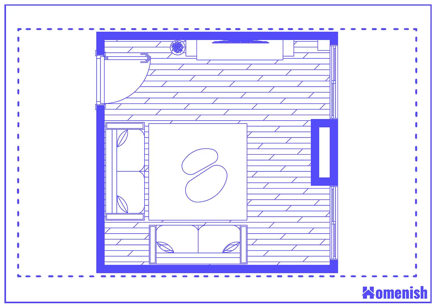 Modern and Minimalist Square Living Room and Floor Plan