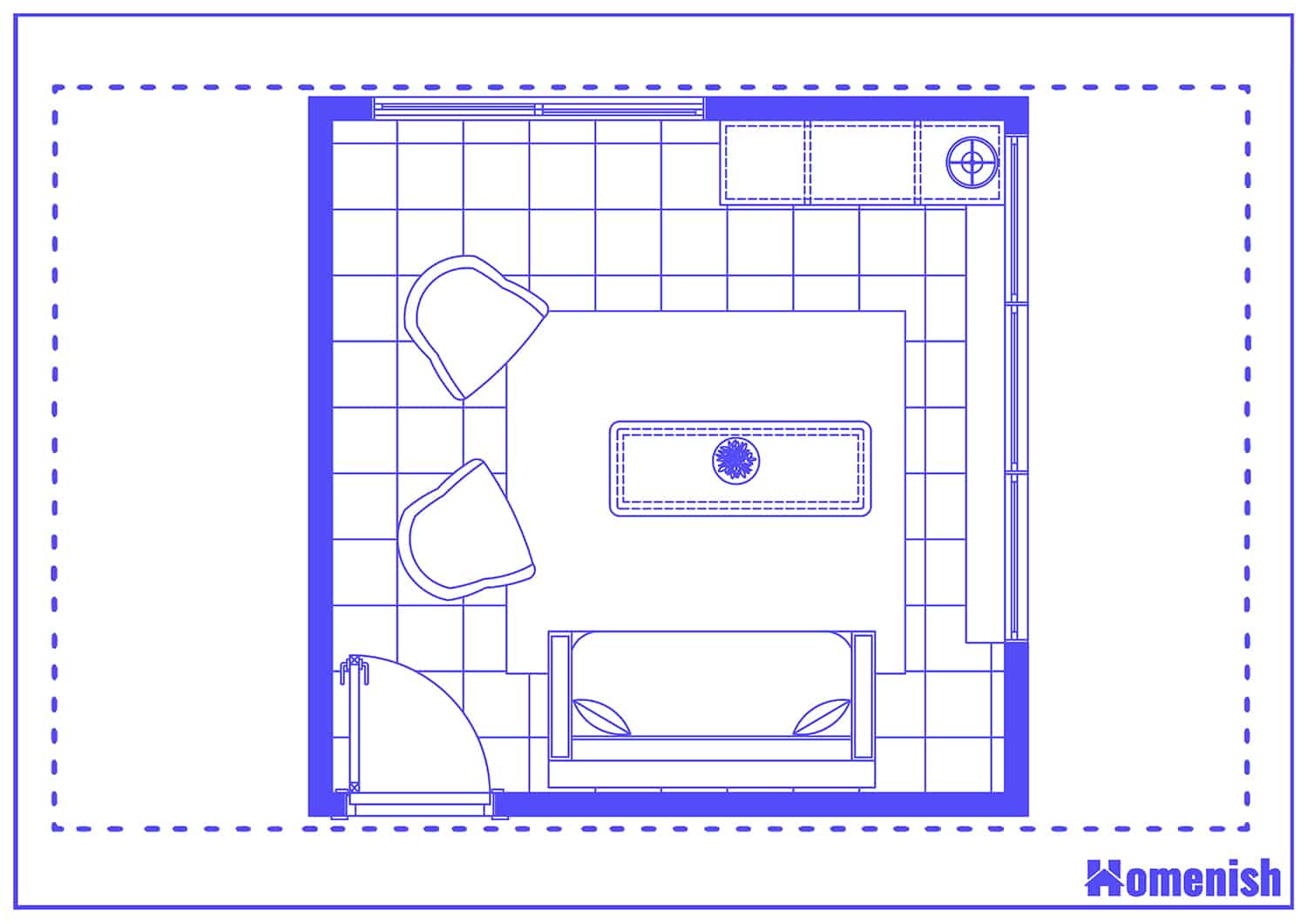 Small and Bright Square Living Room and Floor Plan