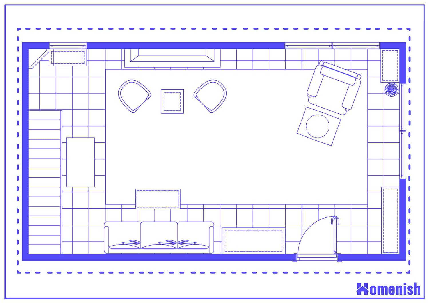 Antique Staircase in Living Room Floor Plan