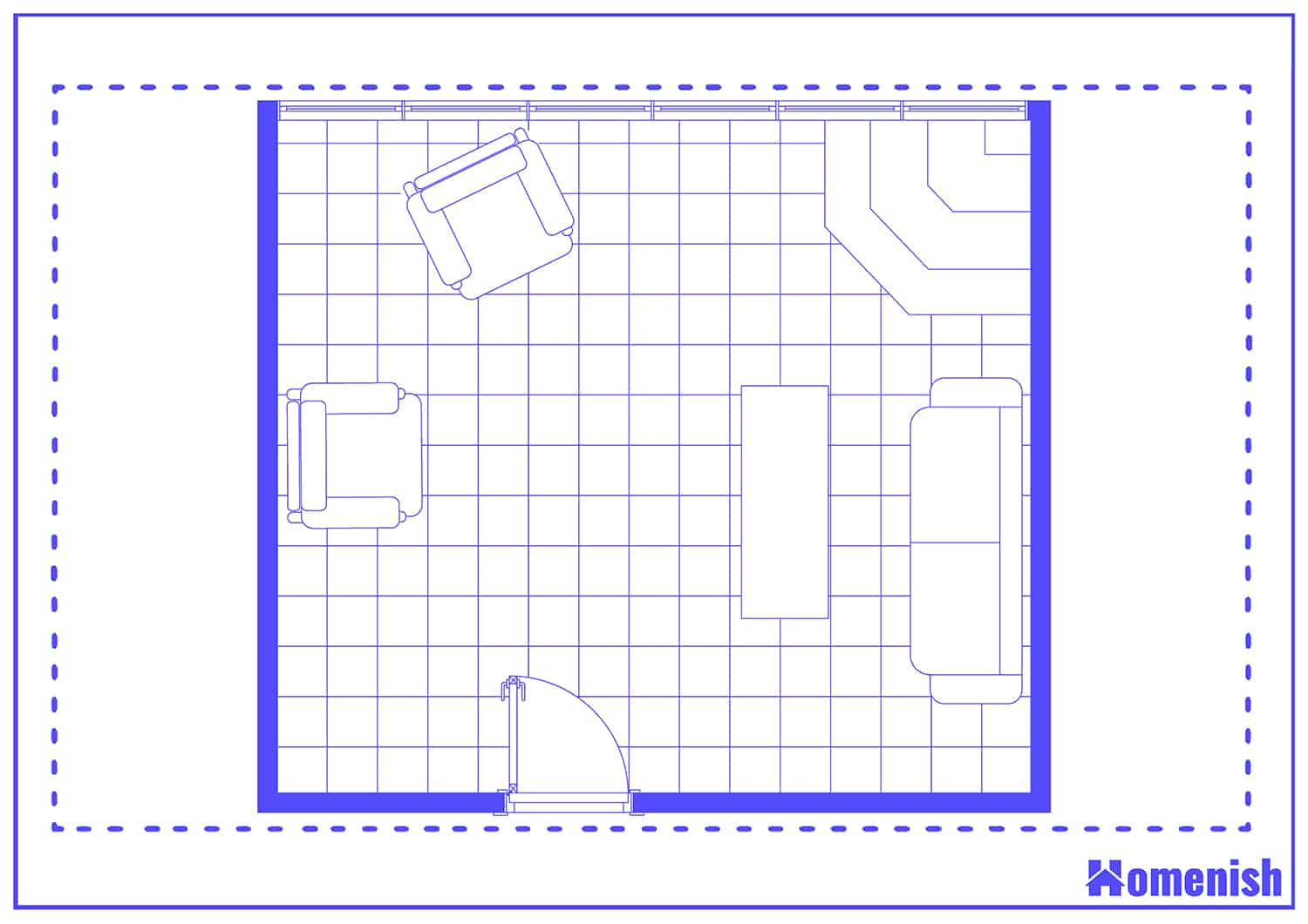 Corner Fireplace in Glass Walled Living Room Floor Plan