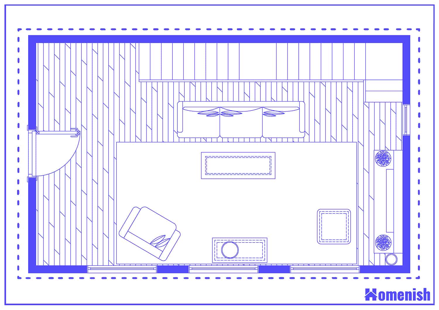 Homely Living Room with Wood Features Floor Plan