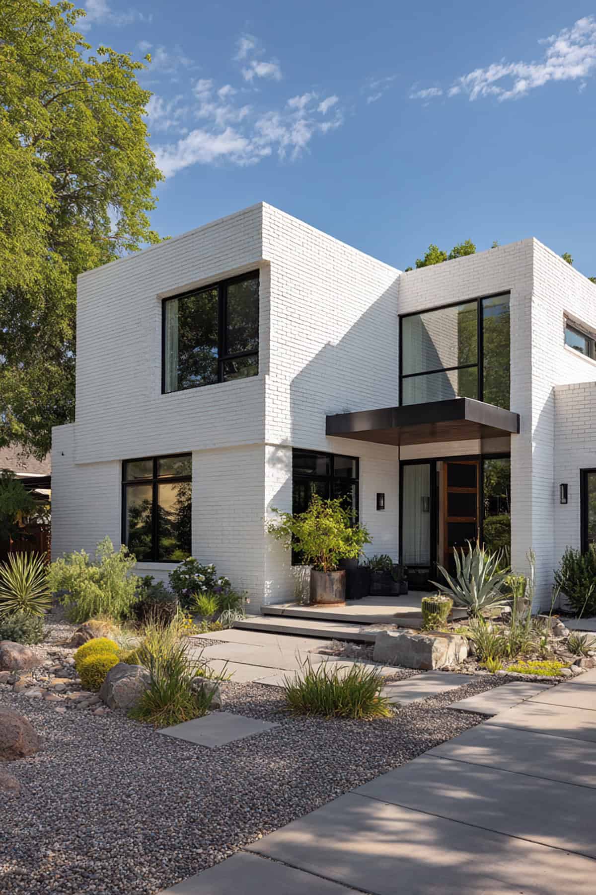 Modern Flat Roof White Brick With Black Accent Canopy
