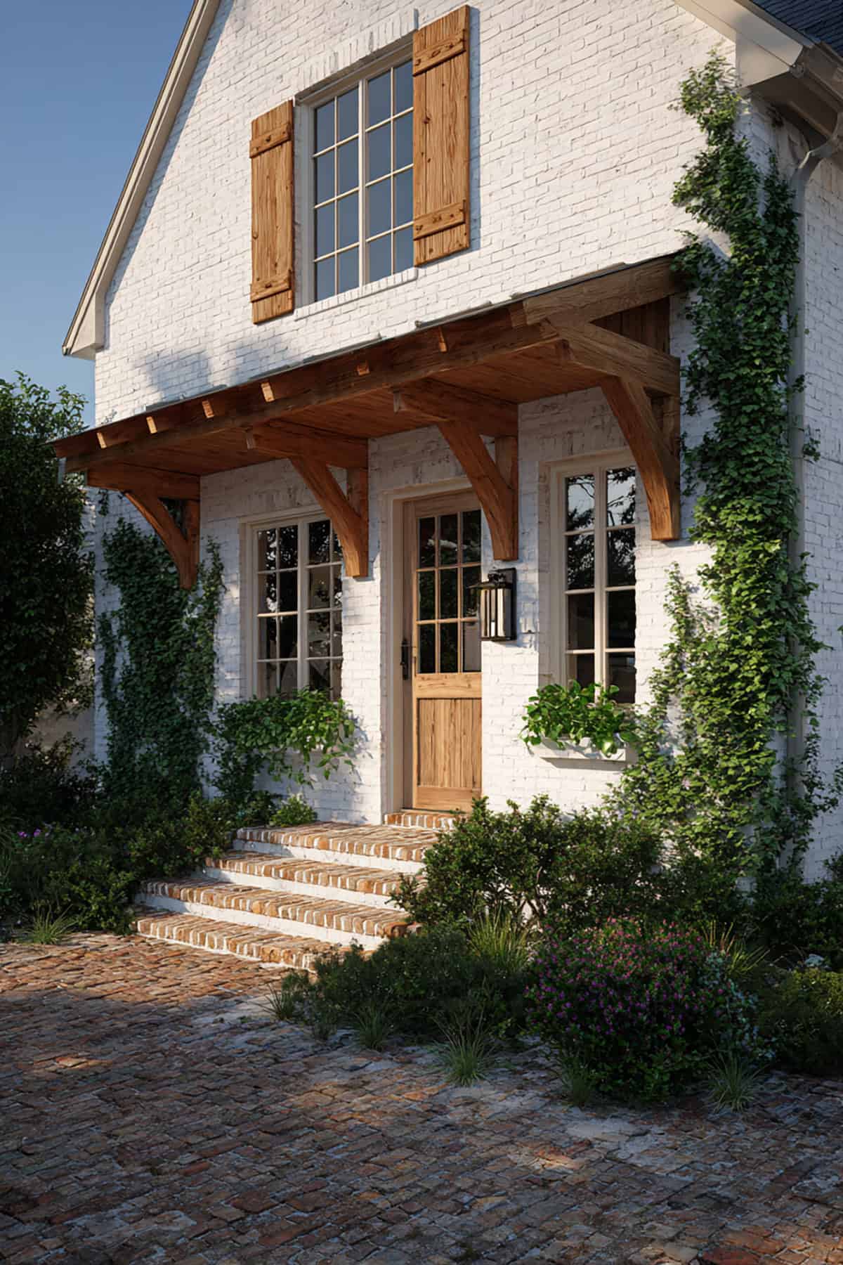 White Brick Cottage With Warm Wood Porch Details