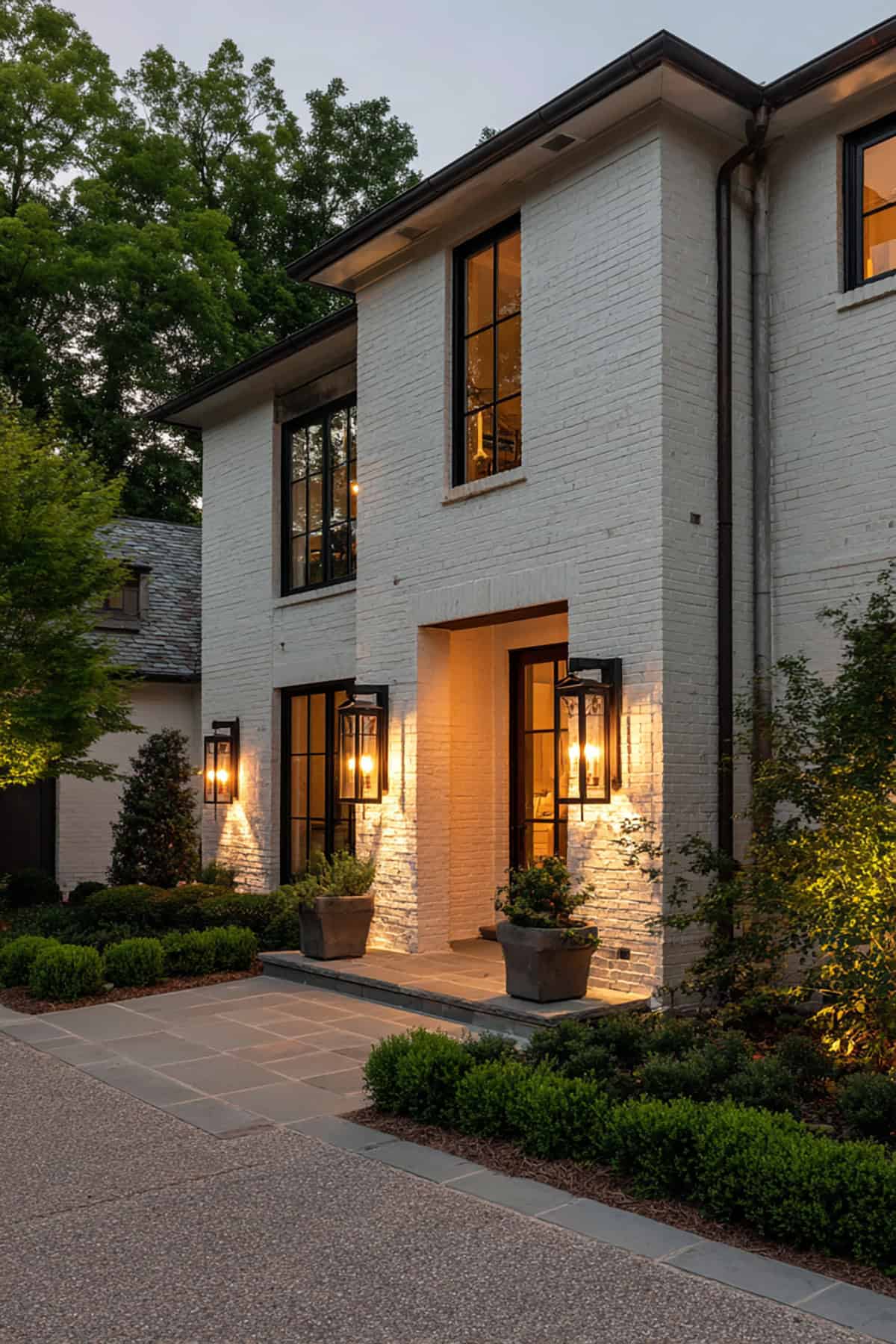 White Brick Exterior with Warm Lighting
