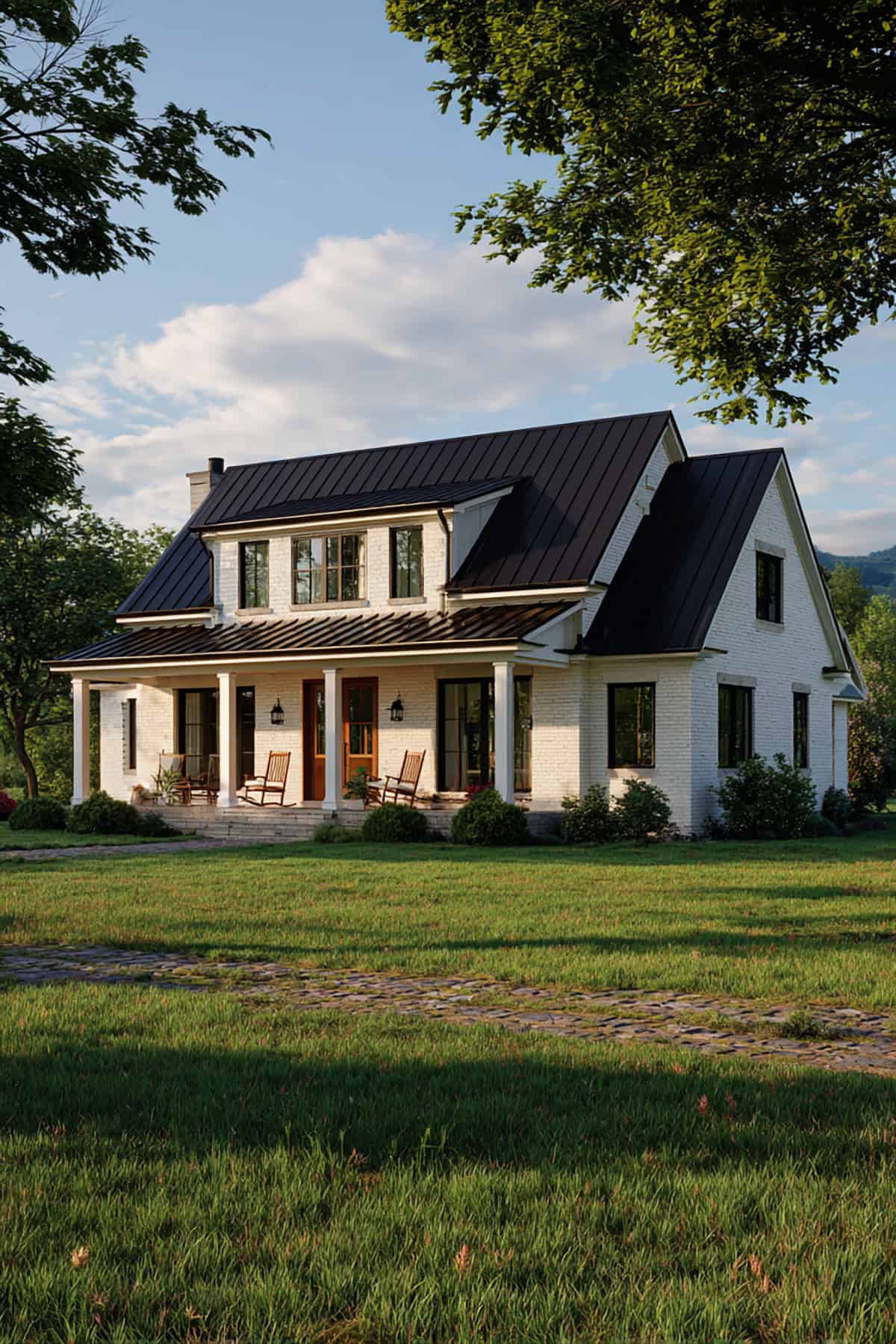 White Brick Farmhouse with Black Metal Roof