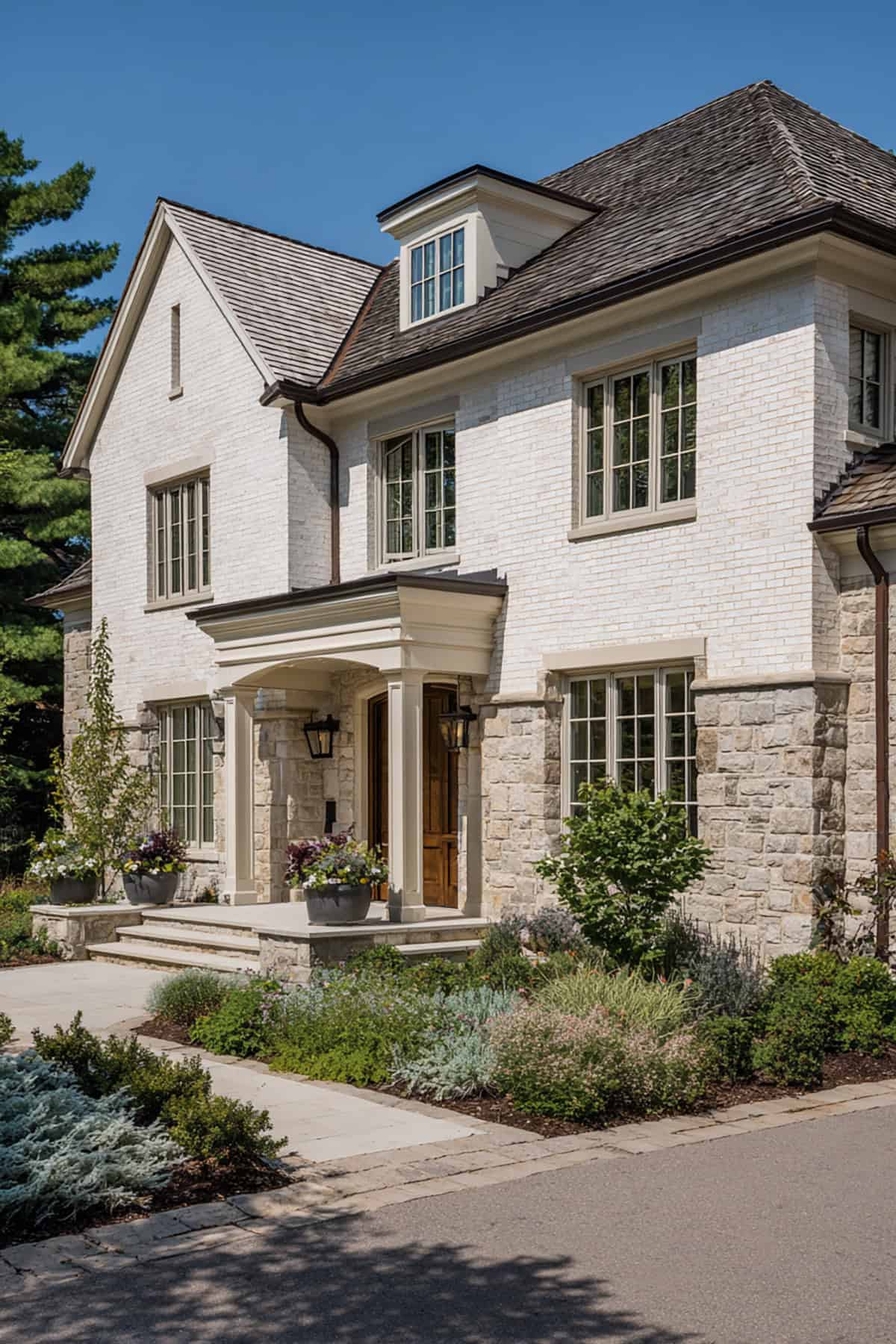 White Brick House with Natural Stone Base