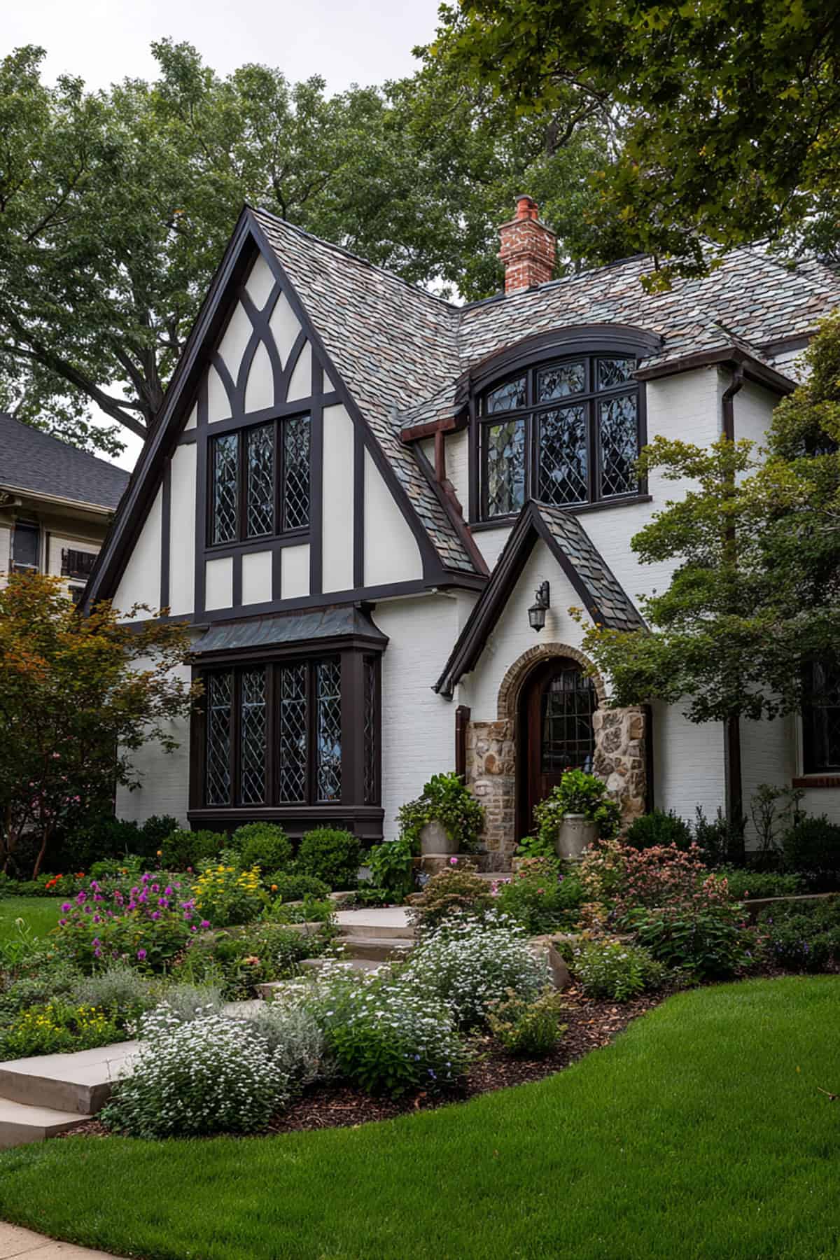 White Painted Brick Tudor Revival