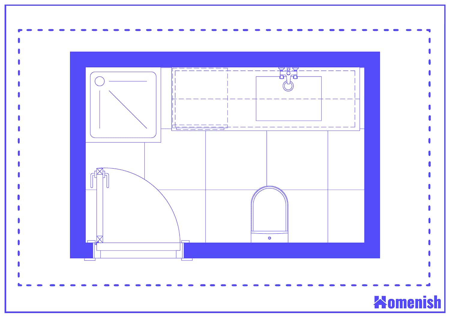 Corner Shower and Laundry Layout Floor Plan