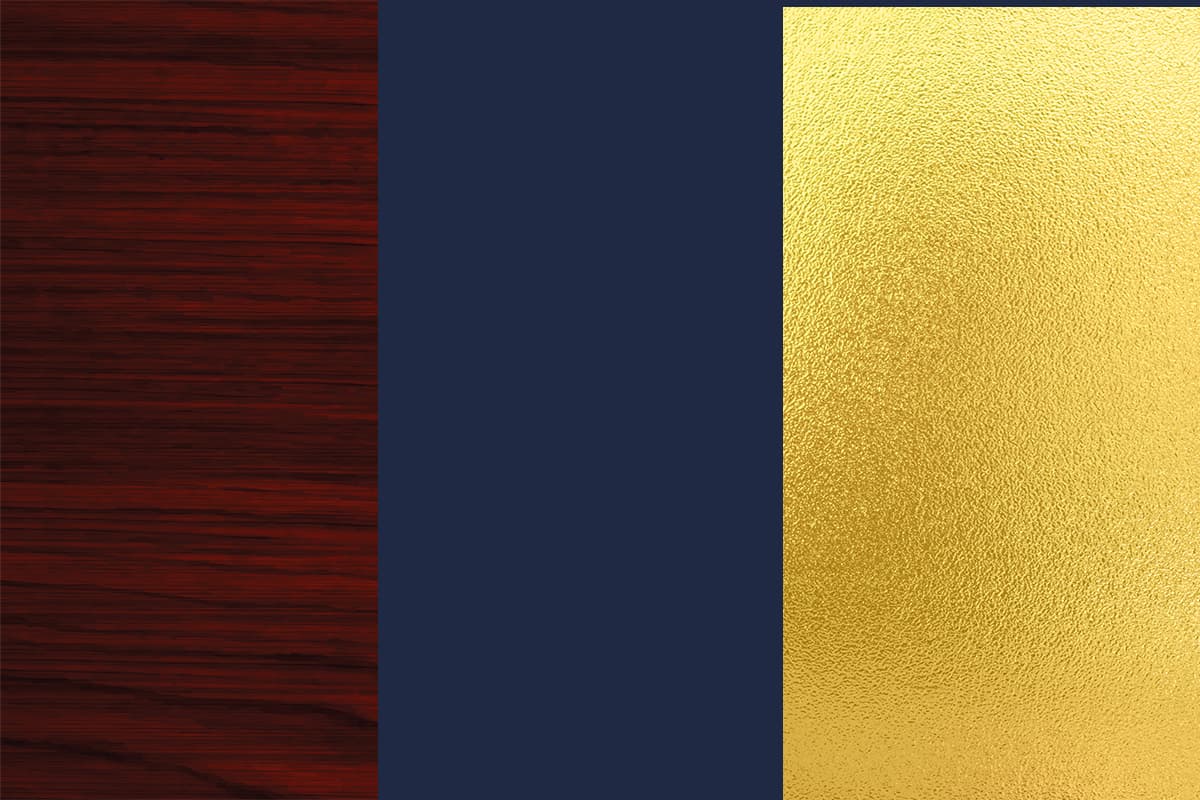 Mahogany, navy blue, and gold