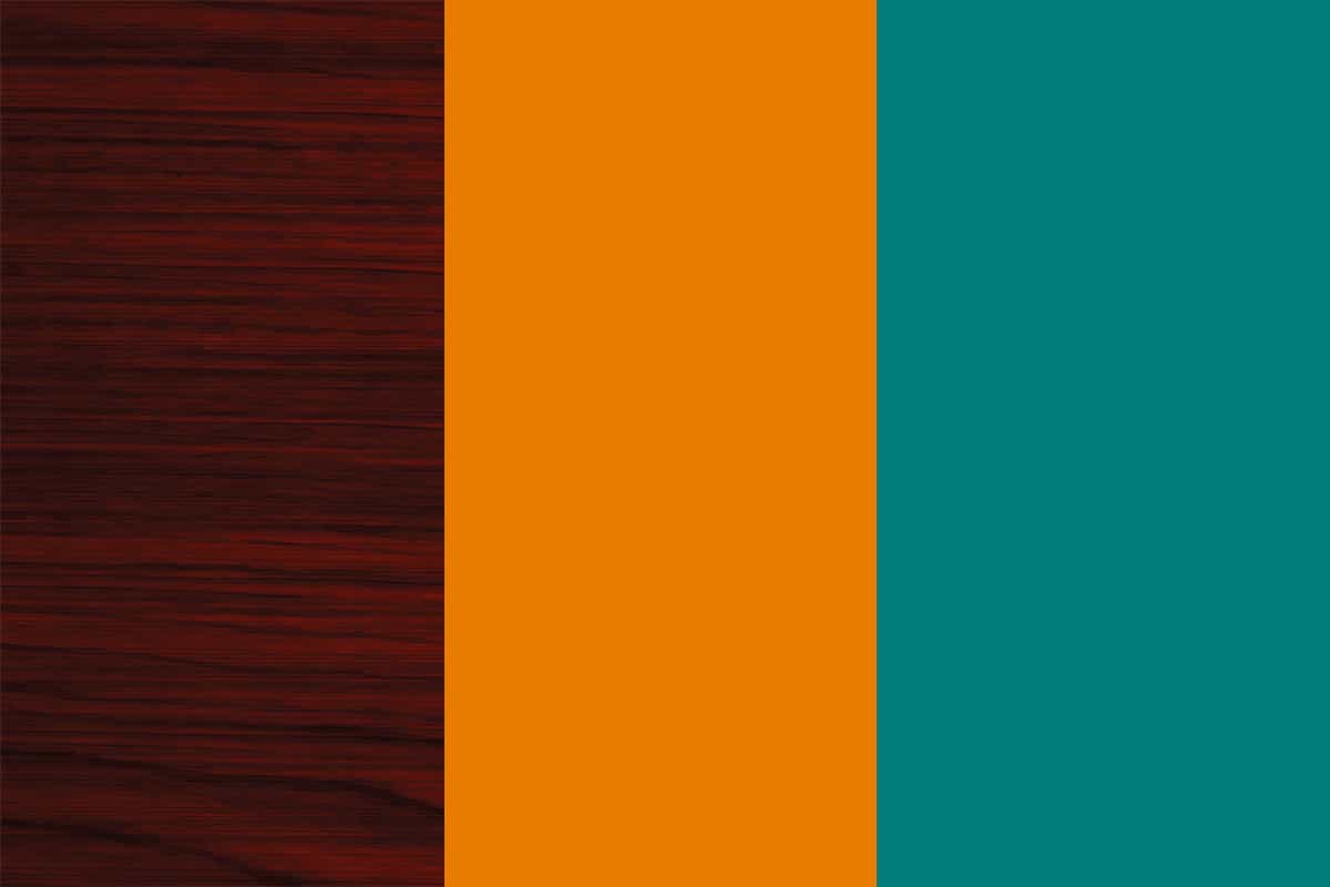 Mahogany, tangerine, and teal