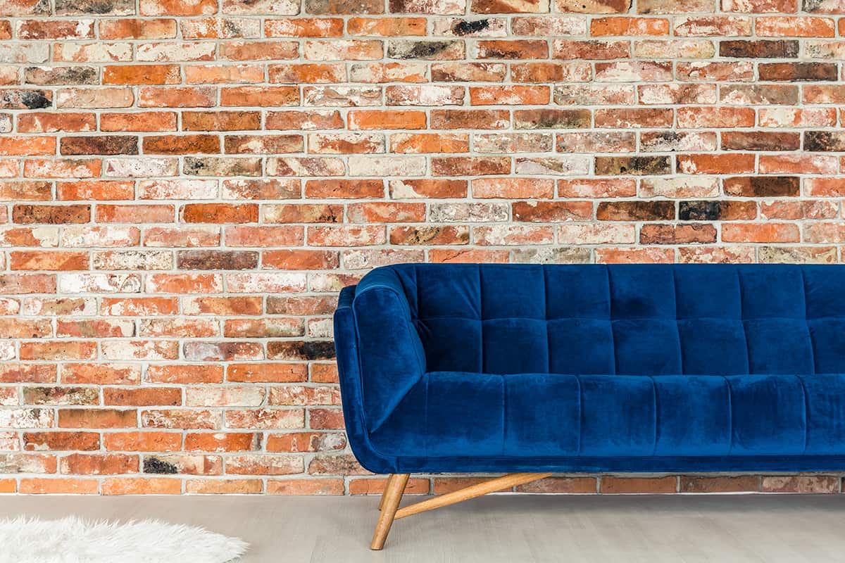 Red wall and Cobalt Blue Sofa