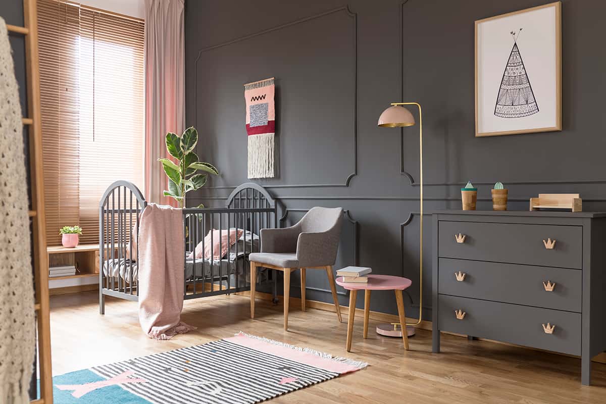 Light Gray Bed with Dark Gray Dresser