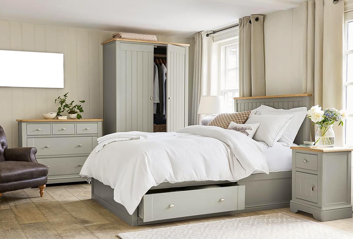 Light Gray Bed with Light Gray Dresser