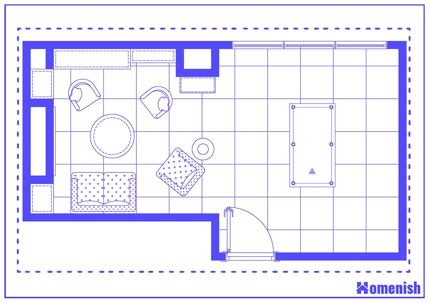 Traditional Living Room with Pool Table Layout