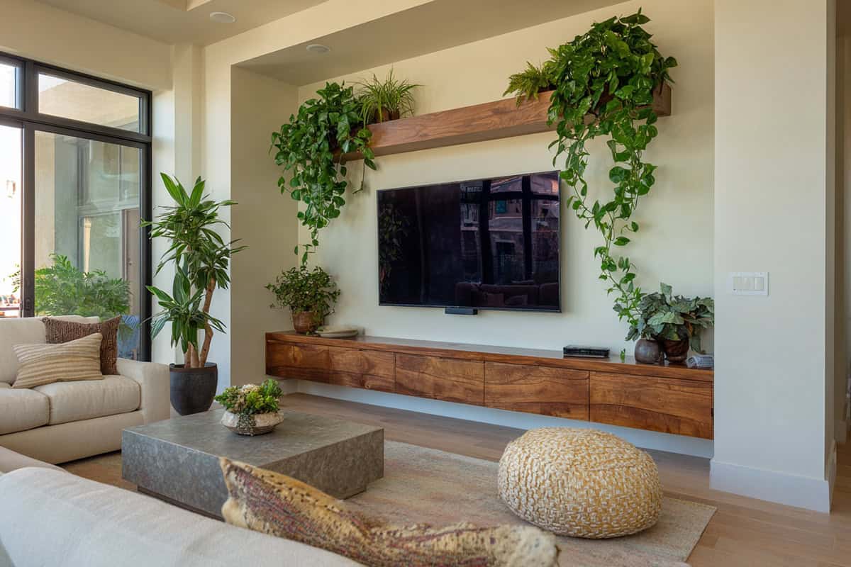 Add A Pair Of Tall Wall Planters Above The TV (Minimal Greenery