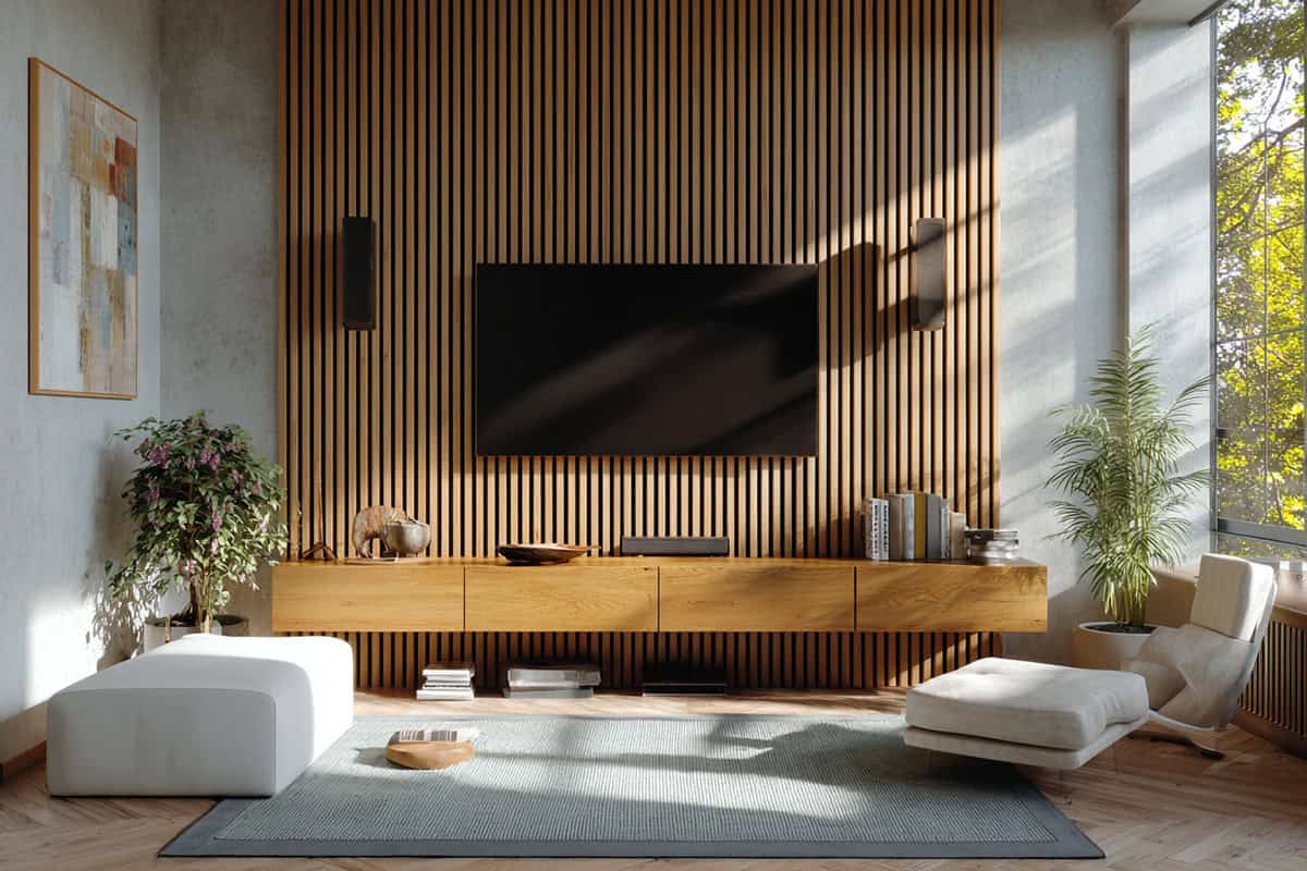 Add A Vertical Slat Wood Accent Panel Above The TV