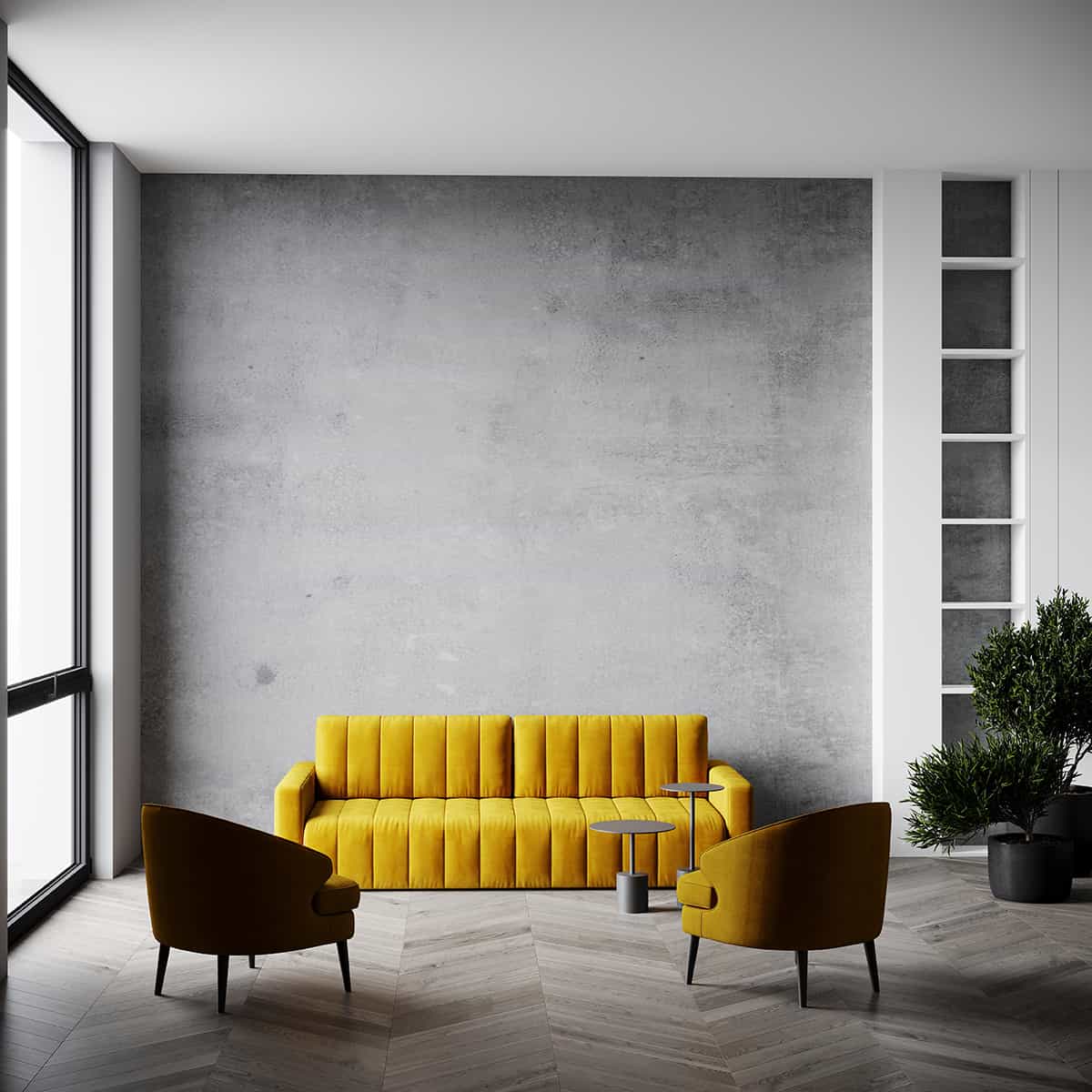 Mustard yellow and light gray walls