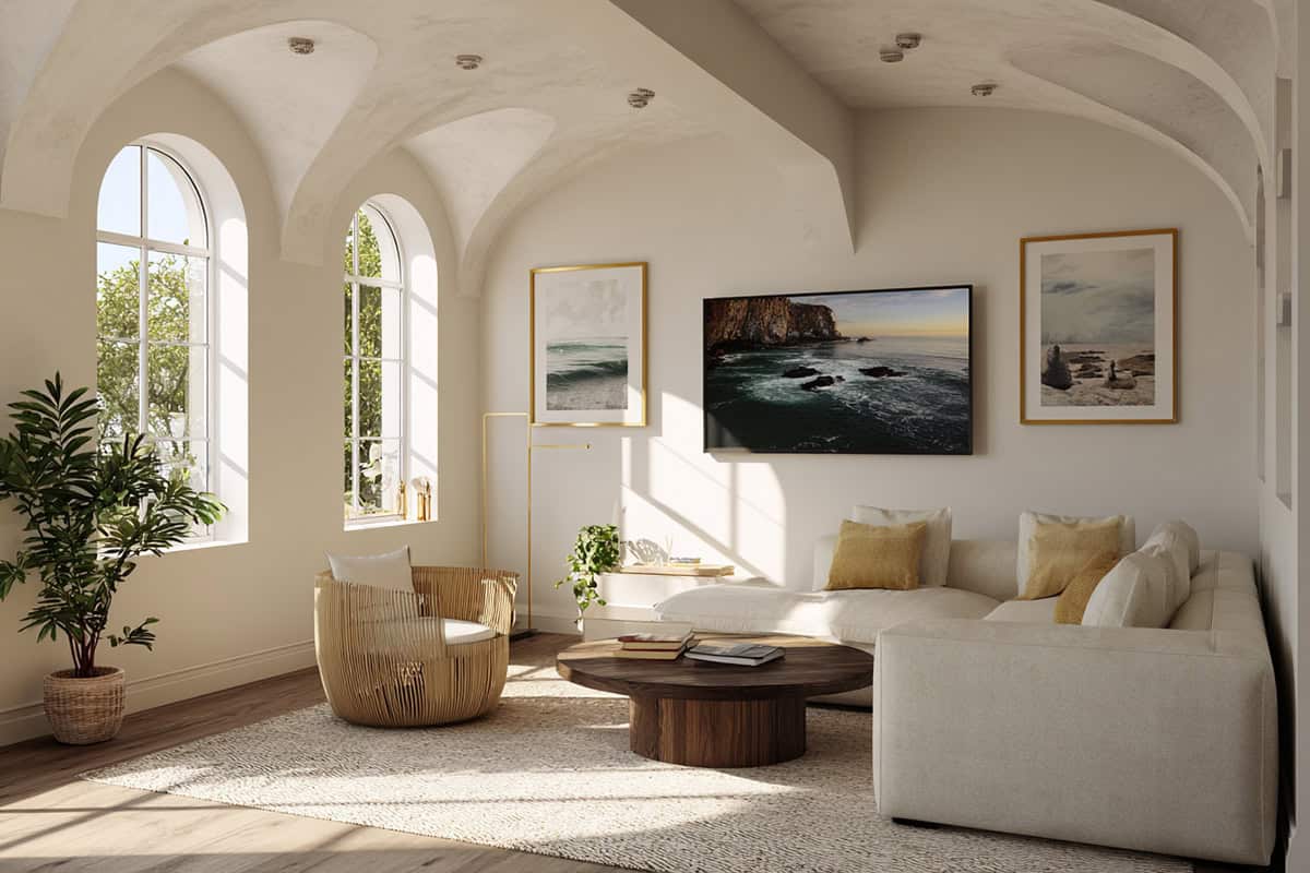 Use A Set Of Arched Frames Above The TV For Soft Shape