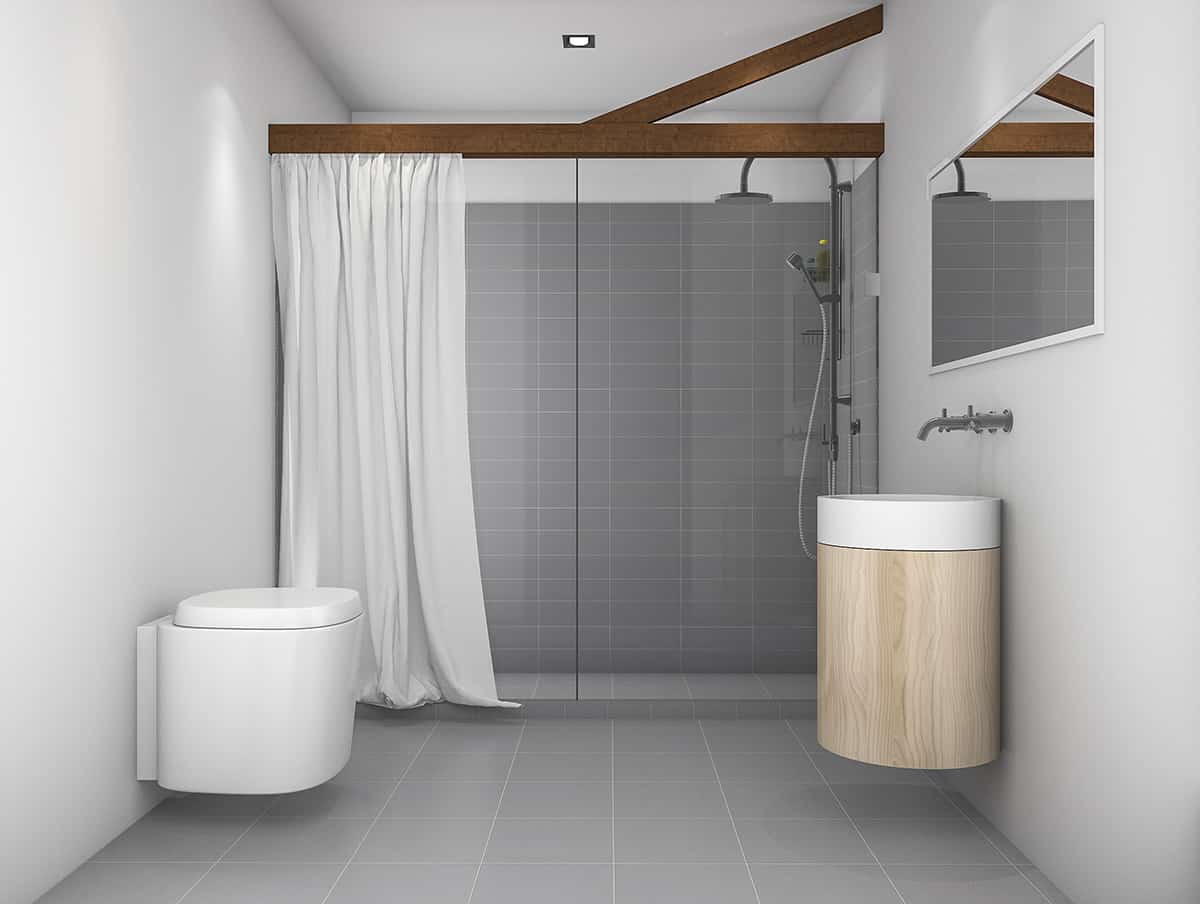 Classic White Shower Curtains for a Gray Bathroom