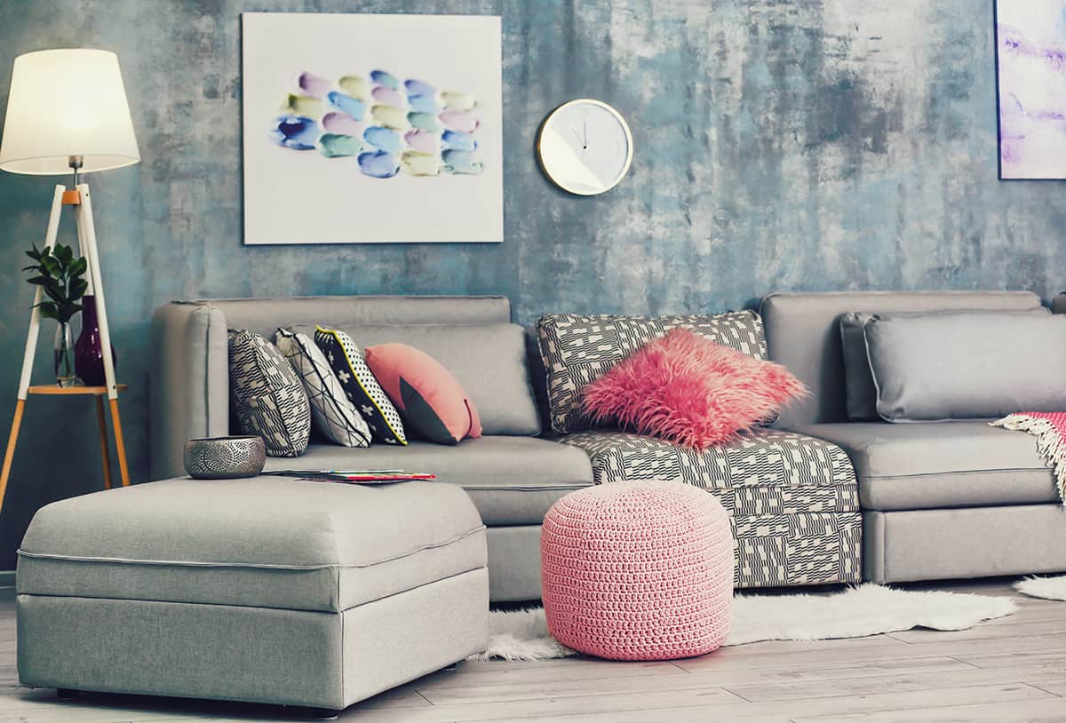 Pink Ottomans with a Gray Couch