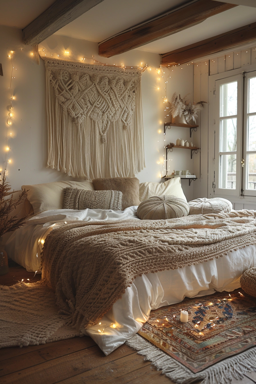A cozy boho bedroom with a macramé wall hanging and string lights.