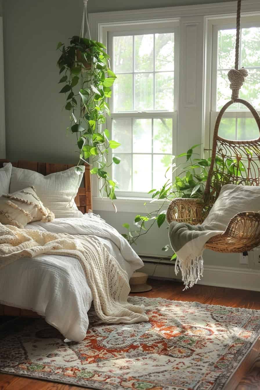 Bohemian bedroom with a hanging rattan chair and lots of greenery