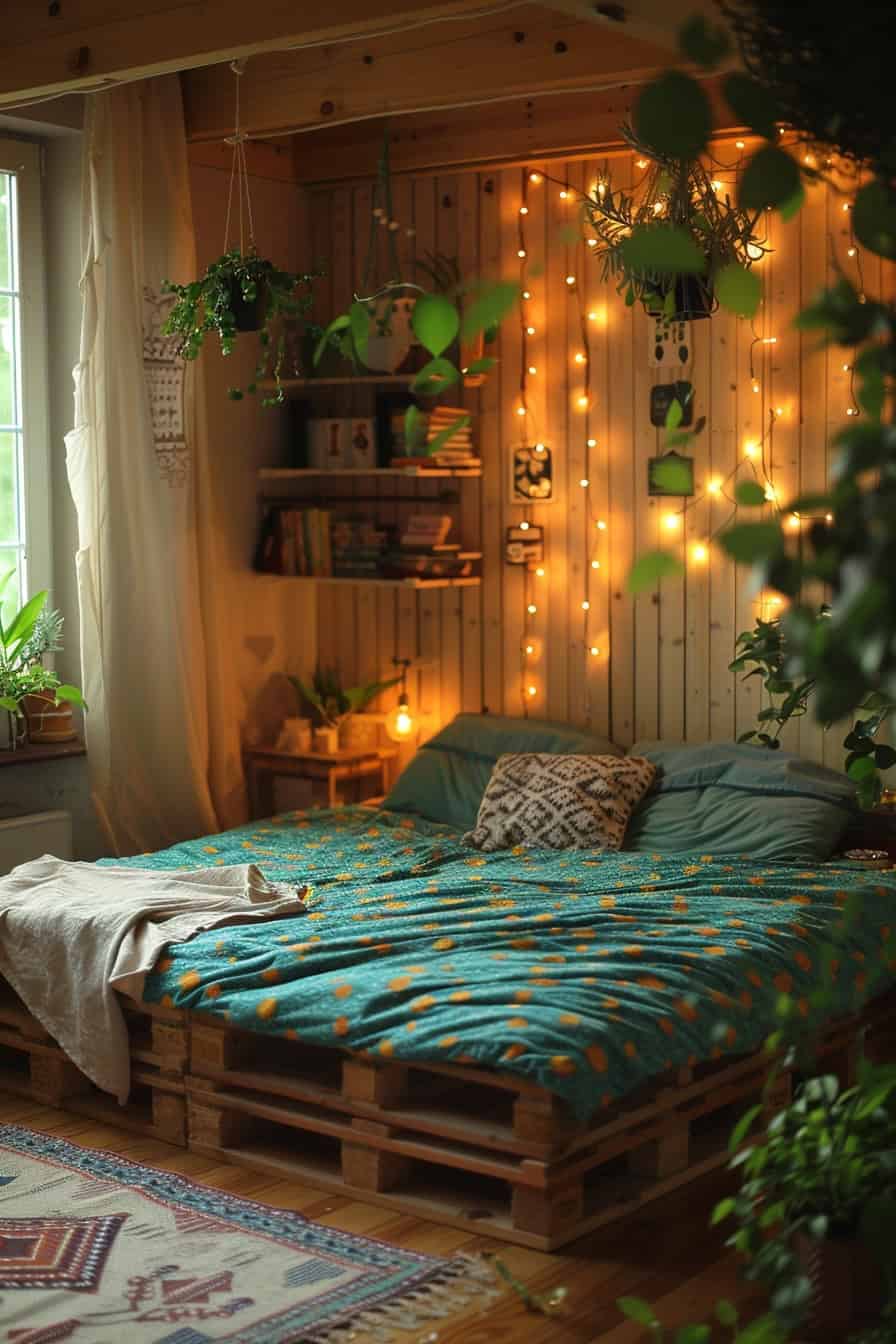 Boho bedroom with a DIY pallet bed and hanging bulb lights