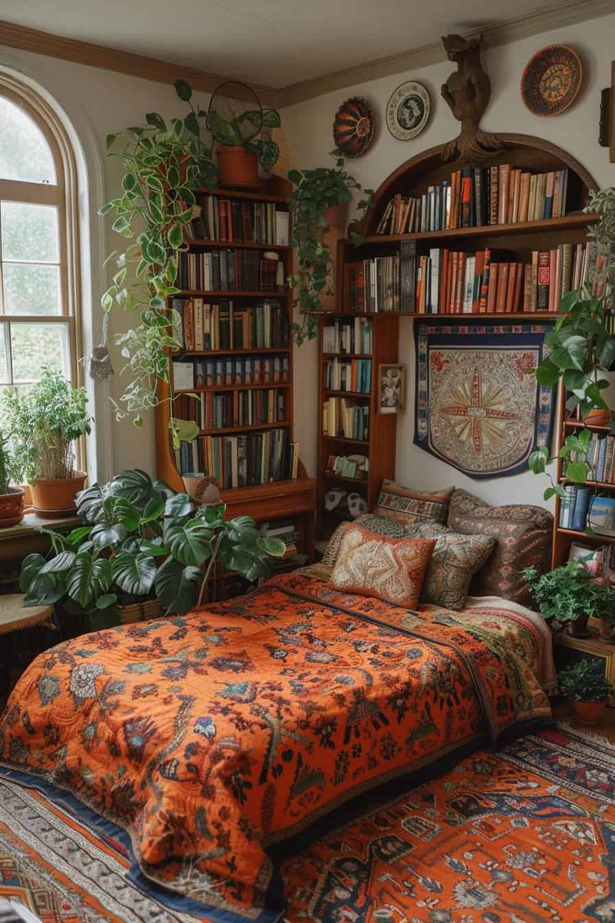 Boho bedroom with a bookshelf display